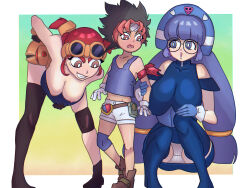 Rule 34 | 1boy, 2girls, age difference, batch, breasts, glasses, gluko, goggles, goggles on head, large breasts, long hair, mon colle knights, multiple girls, ooya mondo, purple hair, red hair, tagme