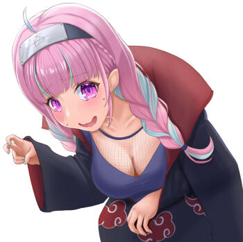 1girl absurdres ahoge akatsuki_uniform alternate_costume aqua_hair aqua_nails blush braid breasts cleavage commentary cosplay fishnets forehead_protector gesture hair_ornament highres hololive large_breasts long_hair minato_aqua nail_polish naruto_(series) nervous_sweating pink_hair purple_eyes simple_background sweat twin_braids uchiha_itachi uchiha_itachi_(cosplay) uganomono virtual_youtuber wavy_mouth