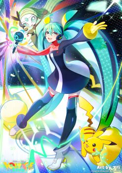 2girls agyou_sonokou_l aqua_eyes aqua_hair black_dress blue_thighhighs blush dress gen_1_pokemon gen_5_pokemon green_hair hair_between_eyes hair_ornament hatsune_miku headset highres holding holding_microphone legendary_pokemon long_hair meloetta microphone multiple_girls mythical_pokemon nintendo open_mouth pikachu pokemon pokemon_(creature) project_voltage smile thighhighs very_long_hair vocaloid