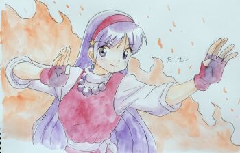 1girl asamiya_athena breasts dress earrings female_focus gloves hairband hands_up jewelry large_breasts long_hair purple_eyes purple_hair smile star_(symbol) tani_gorira the_king_of_fighters