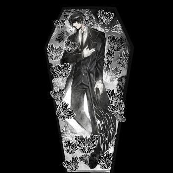 Rule 34 | 1boy, black butterfly, black coat, black hair, black necktie, black vest, bug, butterfly, closed eyes, coat, coffin, e.g.o (project moon), full body, gloves, gun, hand on own stomach, handgun, hashtag-only commentary, highres, holding, holding gun, holding weapon, insect, irregular border, limbus company, luoyerrrrr, male focus, monarch butterfly, necktie, official alternate costume, project moon, shirt, short hair, solemn lament (e.g.o), solo, too many, too many butterflies, vest, weapon, white butterfly, white gloves, white shirt, yi sang (project moon)