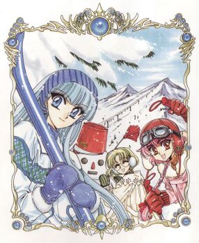 1990s_(style) 3girls ^_^ blonde_hair blue_eyes blue_hair braid clamp closed_eyes coat glasses gloves goggles goggles_on_head hairband hat hououji_fuu long_hair magic_knight_rayearth mountain multiple_girls official_art pink_hair retro_artstyle round_eyewear ryuuzaki_umi scan shidou_hikaru short_hair skiing smile snow snowman