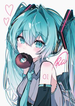 Rule 34 | 1girl, aqua eyes, aqua hair, aqua necktie, bare shoulders, commentary request, detached sleeves, donut, food, grey shirt, hair between eyes, hatsune miku, headset, heart, highres, long hair, looking at viewer, mouth hold, necktie, number tattoo, ria art, shirt, signature, simple background, sleeveless, sleeveless shirt, solo, tattoo, twintails, vocaloid, white background
