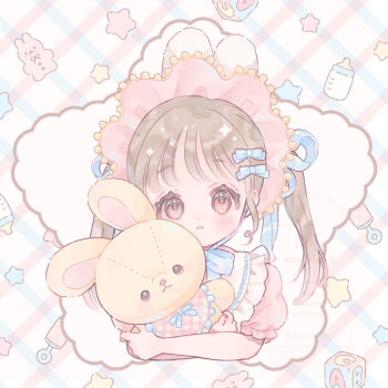 1girl blue_bow blue_ribbon blush bonnet bow brown_hair dot_nose eyelashes frills hair_ornament hair_ribbon hairclip long_hair looking_at_viewer original parted_lips pink_bonnet pink_eyes poche_(opochepoche) ribbon short_sleeves solo square star_(symbol) stuffed_animal stuffed_toy teddy_bear twintails upper_body wispy_bangs