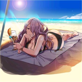 1girl alternate_costume ass barefoot beach beach_towel bikini black_bikini blue_sky bracelet breasts camilla_(fire_emblem) chalice cleavage cup day female_focus fire_emblem fire_emblem_fates food fruit hair_over_one_eye hand_to_own_mouth holding horizon jewelry kozaki_yuusuke large_breasts lens_flare lips long_hair looking_at_viewer lying nintendo ocean official_art orange_(fruit) orange_slice outdoors purple_eyes purple_hair shade side-tie_bikini_bottom sky smile solo sun sunlight swimsuit towel