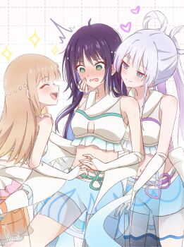 3girls :d @_@ ^_^ ahoge blonde_hair blue_skirt blunt_bangs blush breasts cho_kaguya-hime! choppy_bangs closed_eyes closed_mouth commentary crop_top cropped_shirt daikon_keroi fingerless_gloves gloves green_eyes grey_hair grid_background hair_rings hand_on_another's_face hashtag-only_commentary highres kaguya_(cho_kaguya-hime!) long_hair looking_at_another multiple_girls navel nose_blush open_mouth purple_eyes purple_hair runami_yachiyo sakayori_iroha see-through_clothes see-through_skirt shirt short_shorts shorts shorts_under_skirt sideways_mouth skirt sleeveless sleeveless_shirt smile split_mouth stomach straight_hair sweat symbol-only_commentary white_background white_gloves white_shirt yuri