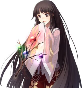 1girl branch brown_eyes brown_hair collared_shirt eho_(icbm) frilled_shirt_collar frills game_cg houraisan_kaguya jeweled_branch_of_hourai labyrinth_of_touhou_(series) labyrinth_of_touhou_tri long_hair long_sleeves non-web_source official_art open_mouth pink_shirt red_skirt shirt skirt smile solo touhou transparent_background very_long_hair wide_sleeves
