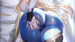 1girl animated ass blonde_hair blue_eyes bodystocking boots bouncing_ass bouncing_breasts breasts brown_dust_(series) brown_dust_2 cameltoe covered_navel curvy deep_skin elbow_gloves from_behind gloves grabbing_own_ass hair_between_eyes hair_over_one_eye hand_on_own_ass hand_on_own_hip high_heels highres holding holding_sword holding_weapon huge_ass jiggle large_breasts long_hair looking_at_viewer official_art rapier skin_tight solo sound spread_ass standing sword tagme thick_thighs thigh_boots thighs very_long_hair video weapon white_gloves wide_hips wilhelmina_(brown_dust) wilhelmina_stretch_(meme)
