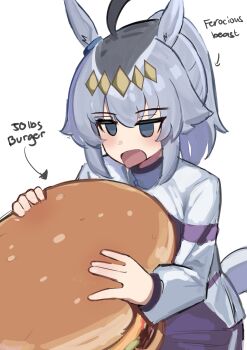 1girl absurdres ahoge animal_ears arrow_(symbol) burger commentary cowboy_shot drooling english_commentary english_text food glutton grey_eyes grey_hair highres holding holding_burger holding_food horse_ears horse_girl horse_tail iog626 jacket jitome mouth_drool oguri_cap_(umamusume) open_mouth oversized_food oversized_object ponytail simple_background solo tail track_jacket umamusume white_background
