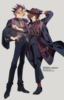 2boys alternate_costume black_coat black_hair black_hat black_jacket black_pants black_shirt blonde_hair brown_eyes brown_hair coat commentary_request full_body grey_background grey_vest hat highres jacket male_focus multicolored_hair multiple_boys muto_yugi neckerchief one_eye_closed pants purple_eyes purple_hair red_shirt shirt short_hair simple_background smile suspenders vest yellow_neckerchief yoshio_296 yu-gi-oh! yu-gi-oh!_duel_monsters yu-gi-oh!_gx yuki_judai