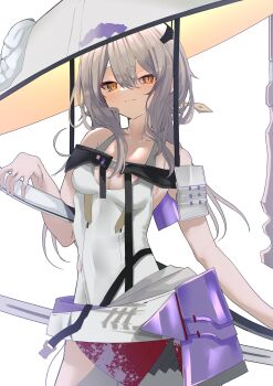 1girl absurdres armor blush breasts cleavage closed_mouth goddess_of_victory:_nikke grey_hair hat highres japanese_armor jingasa kamiya_mitobe katana large_hat leotard long_hair looking_at_viewer medium_breasts scarlet_(nikke) sheath shoulder_armor simple_background sketch smile sode solo sword weapon white_background white_leotard yellow_eyes