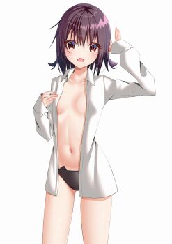 amano_miyako animal_print black_panties breasts cat_ear_panties cat_panties cat_print collarbone gluteal_fold kantai_collection maroon_eyes messy_hair midriff mutsuki_(kancolle) open_clothes open_mouth open_shirt panties print_panties purple_hair shirt short_hair small_breasts thighs underwear white_background white_shirt