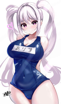 1girl alice_(nikke) blue_one-piece_swimsuit blush breasts covered_navel goddess_of_victory:_nikke highres kurono_suzuran large_breasts long_hair looking_at_viewer name_tag old_school_swimsuit one-piece_swimsuit pink_eyes pink_hair school_swimsuit school_swimsuit_flap smile solo swimsuit twintails