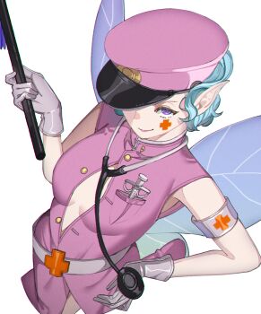 1girl aqua_hair breasts c1edra closed_mouth commentary_request cross cross_facial_mark dress facial_mark fairy fairy_wings gloves hat highres holding holding_staff nurse_dress peaked_cap persona persona_2 pink_dress pointy_ears purple_eyes red_cross_armband simple_background smile solo staff stethoscope_around_neck syringe trish_(persona) white_background white_gloves wings