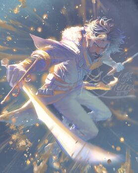 1boy artist_name beard black_hair black_jacket blue_eyes clair_obscur:_expedition_33 dynamic_pose facial_hair full_body grey_pants highres holding holding_sword holding_weapon jacket kiasherria looking_at_viewer male_focus motion_blur mustache outstretched_arm pants serious short_hair solo sword verso_(clair_obscur:_expedition_33) weapon