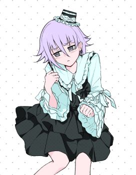 Rule 34 | 1other, androgynous, black bow, blush, bow, cowboy shot, crona (soul eater), dress, frilled dress, frilled shirt collar, frilled sleeves, frills, grey eyes, hair between eyes, hashtag-only commentary, hat, highres, idaree530, lolita fashion, long sleeves, looking to the side, mini hat, mini top hat, other focus, polka dot, polka dot background, polka dot skirt, purple hair, short hair, shy, simple background, sitting, skirt, solo, soul eater, top hat, white background, white bow