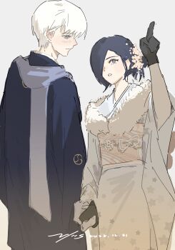 1boy 1girl :o absurdres black_gloves black_hair blush commentary_request fur_trim gloves hair_over_one_eye hand_up highres holding_hands index_finger_raised japanese_clothes kaneki_ken kimono kirishima_touka long_sleeves short_hair smile star_(symbol) star_print teeth tokyo_ghoul vjoos white_hair white_kimono wide_sleeves