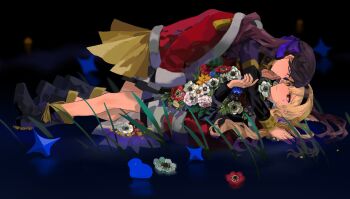 Rule 34 | 2girls, black background, black boots, black hairband, black jacket, black skirt, blonde hair, blue eyes, blue flower, blurry, blurry background, boots, bow, brown hair, closed mouth, eye contact, face-to-face, facial mark, flower, flower on liquid, from side, fur-trimmed jacket, fur-trimmed sleeves, fur trim, girl on top, grass, hair between eyes, hair bow, hairband, half updo, hand on another's cheek, hand on another's face, hands up, hashtag-only commentary, highres, jacket, jacket on shoulders, long hair, long sleeves, looking at another, lying, lying on water, miniskirt, multiple girls, on back, parted bangs, parted lips, partially submerged, profile, purple bow, qngtidey132830, red eyes, red flower, red jacket, saijou claudine, shallow water, shoujo kageki revue starlight, skirt, sparkle, sparkle facial mark, tassel, tendou maya, very long hair, waist cape, water, wavy hair, white flower, yellow flower, yuri