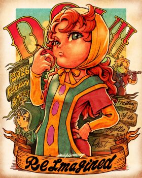 Rule 34 | 1girl, 2boys, artist request, closed mouth, commentary request, curly hair, dragon quest, dragon quest vii, dress, food, fruit, green eyes, hero (dq7), highres, holding, holding food, holding fruit, holding sword, holding weapon, hood, jewelry, kiefer, lizard, long hair, looking at viewer, maribel (dq7), multiple boys, ring, smile, sword, weapon, wsoworks