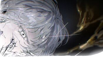 Rule 34 | 1other, androgynous, antarcticite, black gloves, collared shirt, colored eyelashes, commentary request, crystal shards, decapitation, dying, eyeball, finger to mouth, gem uniform (houseki no kuni), gloves, high collar, houseki no kuni, kashiba (iiiiii kasba), light rays, light smile, molten metal, other focus, scene reference, shirt, short hair, shushing, simple background, white eyelashes, white eyes, white hair, white shirt