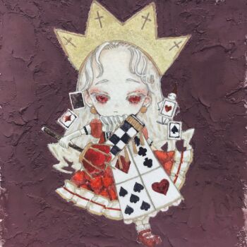Rule 34 | 1girl, acrylic paint (medium), boots, brown background, chibi, closed mouth, crown, dress, earrings, expressionless, frilled dress, frills, full body, highres, jewelry, karintoun, long hair, looking at viewer, original, painting (medium), poker, puffy sleeves, purple background, red dress, red eyes, scepter, shoes, short sleeves, signature, simple background, socks, solo, standing, traditional media, watercolor (medium), white hair