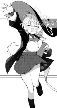 1girl :d ^_^ absurdres black_jacket blue_archive blush book bow bowtie braid breast_press breasts closed_eyes collared_shirt commentary crossed_bangs damao_(kiwa777) dress_shirt earrings eri_(blue_archive) facing_viewer floating_hair foot_out_of_frame greyscale hair_between_eyes hair_bobbles hair_ornament halo happy hat highres holding holding_book jacket jewelry large_breasts long_hair low_ponytail miniskirt monochrome open_clothes open_jacket open_mouth outstretched_arm outstretched_hand pleated_skirt ponytail school_uniform shirt simple_background single_braid single_earring skirt smile solo standing standing_on_one_leg symbol-only_commentary thighs very_long_hair waving white_background witch_hat