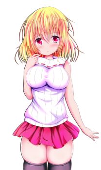 1girl amyi black_thighhighs blonde_hair blush bob_cut breasts closed_eyes cowboy_shot game_cg hair_between_eyes hand_up koucha_rakkyo large_breasts large_variant_set medium_hair miniskirt non-web_source open_mouth pleated_skirt raised_inner_eyebrows red_eyes red_skirt sabrina_to_muryoku_na_tamashii sidelocks simple_background skirt sleeveless sleeveless_sweater solo standing sweater tachi-e thighhighs thighs transparent_background turtleneck turtleneck_sweater variant_set white_sweater