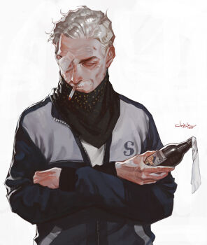 1boy bandaid_on_eye bandana black_bandana blue_jacket bottle cigarette crossed_arms ctkcave facial_hair holding holding_bottle jacket male_focus mature_male mustache old old_man original parted_hair shirt short_hair simple_background smoking solo track_jacket upper_body white_background white_eyes white_hair white_shirt