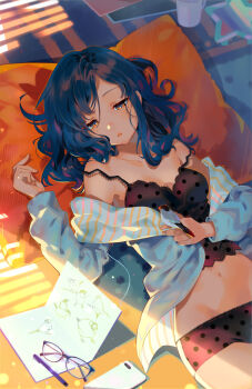1girl absurdres animal armpit_peek arutera bare_shoulders bird black-framed_eyewear black_hair black_panties blue_jacket blush breasts camisole cellphone cleavage collarbone crop_top cup drawing female_focus glasses groin half-closed_eyes hand_up highres indoors jacket java_sparrow long_hair long_sleeves looking_down lying mechanical_pencil medium_breasts midriff mole mole_under_eye mug navel off_shoulder on_back open_clothes open_jacket orange_eyes original panties parted_lips pencil phone pillow polka_dot polka_dot_panties smartphone solo stomach strap_slip sunlight underwear unworn_eyewear