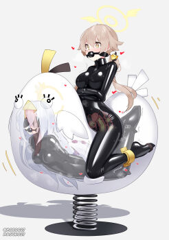 2girls absurdres anal anal_object_insertion azusa_(blue_archive) ball_gag black_bodysuit blindfold blue_archive bodysuit bondage_mittens breasts brown_hair covered_eyes crescent_halo double_penetration feathered_wings gag gagged gimp_suit hair_ornament halo heart hifumi_(blue_archive) highres impossible_bodysuit impossible_clothes latex latex_bodysuit long_hair low_twintails maguro27 medium_breasts multiple_girls object_insertion peroro_(blue_archive) restrained sex_machine skin_tight spring_rider stationary_restraints twintails vaginal vaginal_object_insertion very_long_hair white_hair white_wings wing_hair_ornament wing_ornament winged_halo wings x-ray yellow_eyes yellow_halo