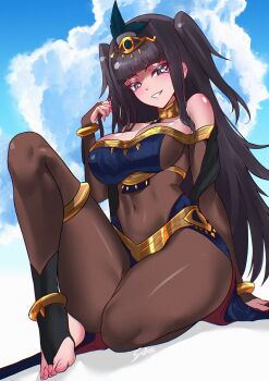 1girl absurdres bare_shoulders black_hair blue_sky blunt_bangs blush bodystocking bracelet breasts bridal_gauntlets bridal_legwear circlet cleavage collar covered_navel fire_emblem fire_emblem_awakening fukou gold_trim grey_eyes highres jewelry large_breasts long_hair looking_at_viewer metal_collar nintendo sitting sky smile solo tharja_(fire_emblem) tharja_(plegian)_(fire_emblem) two_side_up