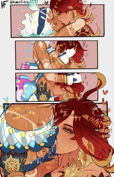 2girls absurdres ahoge alternate_skin_color blonde_hair blue_hair blue_skirt breasts commentary dark-skinned_female dark_skin darkened_skin english_commentary fellatio futanari genshin_impact gloves gradient_hair highres kiss large_breasts lipstick_mark lipstick_mark_on_breast lipstick_mark_on_face lipstick_mark_on_testicles mavuika_(genshin_impact) mualani_(genshin_impact) multicolored_hair multiple_girls oral red_hair redfushsia skirt symbol-shaped_pupils tan tanline testicles white_gloves white_hair yellow_eyes