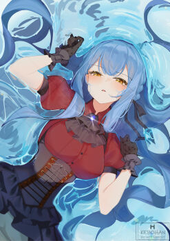 1girl ascot bang_dream! bang_dream!_it&#039;s_mygo!!!!! black_ascot black_coat black_corset black_gloves black_ribbon blue_hair breasts coat corset gloves hair_ribbon hair_spread_out highres kebohan large_breasts long_hair lying oblivionis_(bang_dream!) on_back open_mouth partially_submerged puffy_short_sleeves puffy_sleeves red_shirt ribbon shirt short_sleeves sidelocks solo togawa_sakiko watermark watermark_grid yellow_eyes