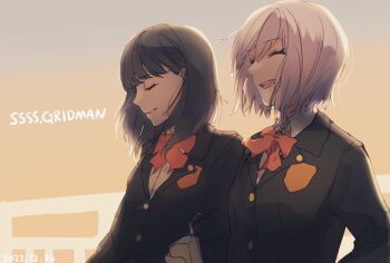 2girls backlighting black_hair bow closed_eyes collared_shirt commentary_request grey_hair gridman_universe happy holding holding_juice_box juice_box long_sleeves multiple_girls open_mouth parsley_(artist) red_bow school_uniform shinjou_akane shirt short_hair ssss.gridman takarada_rikka upper_body