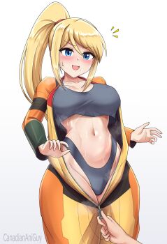 1girl artist_name blonde_hair blue_eyes blush bodysuit breasts canadiananiguy commentary cowboy_shot english_commentary grey_panties grey_sports_bra highleg highleg_panties highres large_breasts long_hair metroid navel nintendo open_mouth orange_bodysuit paid_reward_available panties ponytail power_suit_(metroid) samus_aran simple_background solo_focus sports_bra steaming_body sweat underwear undressing_another unzipping white_background