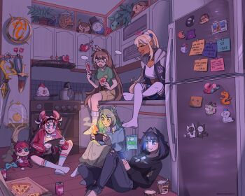 5girls animal_ears apple blonde_hair bloom_(irys) bloop_(gawr_gura) blue_hair boros_(ouro_kronii) bread brown_hair bubba_(watson_amelia) can casual ceres_fauna cookie dark-skinned_female dark_skin death-sensei_(mori_calliope) drink_can english_text fire food friend_(nanashi_mumei) fruit glasses gloom_(irys) green_hair hair_ornament hakos_baelz handheld_game_console headband highres holocouncil hololive hololive_english hootsie_(nanashi_mumei) ice_cream irys_(hololive) jacket jam kaniko_(tsukumo_sana) kfp_employee_(takanashi_kiara) kitchen knife kotori_(takanashi_kiara) kronie_(ouro_kronii) long_hair mochiparrot mouse_ears mr._squeaks_(hakos_baelz) multicolored_hair multiple_girls nanashi_mumei nanashi_mumei_(owl) nemu_(ceres_fauna) nintendo nintendo_switch ouro_kronii planet_hair_ornament playing_games red_hair sanallite_(tsukumo_sana) sapling_(ceres_fauna) sitting soda_can streaked_hair switch sword takodachi_(ninomae_ina'nis) thighhighs tsukumo_sana twintails usaslug_(tsukumo_sana) virtual_youtuber weapon white_hair yatagarasu_(tsukumo_sana)