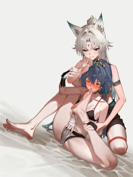 2girls absurdres age_difference animal_ear_fluff animal_ears armband barefoot blue_eyes blue_hair blush bra commentary_request commission commissioner_upload earrings feixiao_(honkai:_star_rail) feixiao_(sweat_now_cry_less)_(honkai:_star_rail) finger_under_clothes fingering fingerless_gloves forehead_jewel fox_ears fox_girl fuujin_(windust_michio) gloves gold_tiara grin hair_ornament hand_wraps headpiece height_difference highres honkai:_star_rail honkai_(series) jewelry licking licking_foot licking_own_foot loli long_hair multiple_girls one_eye_closed panties pixiv_commission ponytail shorts smile sports_bra tongue tongue_out touching_another's_crotch twintails underwear very_long_hair white_hair wrist_guards yellow_eyes yunli_(honkai:_star_rail) yuri