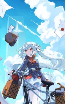 1girl bicycle blue_sky buttons cloud commentary_request cowboy_shot double-breasted expressionless facing_viewer flower freesia_(stella_sora) grey_hair hair_flower hair_ornament hat highres letter long_hair long_sleeves looking_afar mailbag mocha_kura orange_eyes panties panty_peek pantyhose parted_lips skirt sky solo stella_sora thigh_strap underwear unworn_hat unworn_headwear white_pantyhose white_skirt