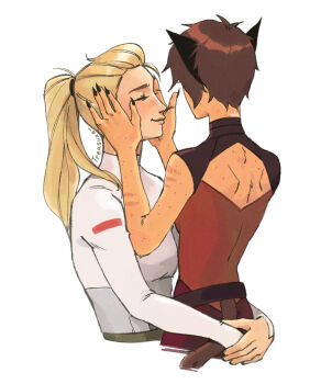 Rule 34 | 2girls, adora (she-ra), animal ears, cat ears, cat girl, cat tail, catra, claws, closed eyes, commentary, english commentary, hands on another's face, highres, long hair, multiple girls, ponytail, she-ra and the princesses of power, shirt, short hair, signature, tail, treasuxe, turtleneck, turtleneck shirt, very short hair, white shirt, yuri