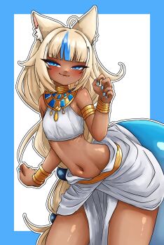 >:) 1girl :3 absurdres ahoge alternate_costume alternate_hairstyle ancient_egyptian_clothes animal_ear_fluff animal_ears arched_back armlet armpit_crease bangle bare_arms bare_shoulders blonde_hair blue_border blue_eyes blue_nails blue_streaks blue_tail blush border bracelet cat_ears cat_girl clenched_hand closed_mouth commentary contrapposto cowboy_shot crop_top cropped dark-skinned_female dark_skin dot_nose english_commentary fang fingernails fins fish_girl fish_tail flat_chest gills gold_armlet gold_bracelet hair_flaps hair_ornament hand_up highres brown_egyptian_cat-eared_loli_(trend) indie_virtual_youtuber jewelry leaning_forward lifted_by_tail long_hair looking_at_viewer low-tied_long_hair midriff multi-tied_hair multicolored_hair nail_polish narrowed_eyes navel outline pelvic_curtain sameko_saba shiny_skin simple_background smile smug solo sphere_hair_ornament streaked_hair superfann tail tan thighs usekh_collar v-shaped_eyebrows very_long_hair virtual_youtuber white_background white_outline white_streaks