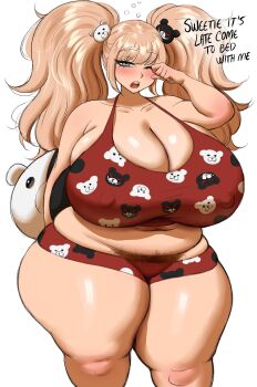 1girl absurdres bear_hair_ornament blonde_hair blue_eyes blush breasts cleavage curvy danganronpa_(series) enoshima_junko female_focus gigantic_breasts hair_ornament highres jiuukek long_hair looking_at_viewer midriff navel one_eye_closed plump pubic_hair solo thick_thighs thighs twintails wide_hips