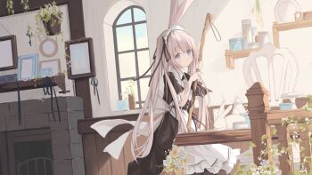 1girl animal apron black_dress blue_sky broom brown_hair center_frills chair closed_mouth cloud collared_dress commentary_request day dress fireplace frilled_apron frills hair_between_eyes highres holding holding_broom indoors kushida_you long_hair looking_at_viewer maid maid_headdress original purple_eyes rabbit sky smile solo table twintails very_long_hair waist_apron white_apron window