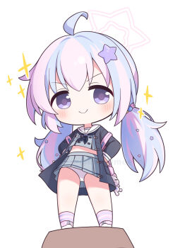&gt;:) 1girl ahoge backpack bag beads black_jacket blue_archive blue_hair blush chibi chibi_only closed_mouth commentary from_below full_body grey_serafuku grey_shirt grey_skirt hair_beads hair_between_eyes hair_intakes hair_ornament halo hands_on_own_hips highres jacket long_sleeves looking_at_viewer midriff miniskirt multicolored_hair open_clothes open_jacket panties pantyshot pink_bag pink_hair pink_halo pink_socks pleated_skirt reisa_(blue_archive) rnond sailor_collar school_uniform serafuku shirt sidelocks simple_background skirt smile smug socks solo sparkle standing star_(symbol) star_hair_ornament star_halo streaked_hair striped_clothes striped_socks tareme two-tone_hair underwear upskirt v-shaped_eyebrows watermark white_background white_panties white_sailor_collar