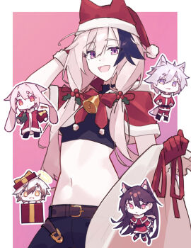 1girl :d adnachiel_(arknights) ansel_(arknights) arknights arm_behind_head bell belt border bow bowtie brown_belt capelet cardigan_(arknights) chibi chibi_inset christmas commentary crop_top english_commentary fur-trimmed_capelet fur-trimmed_headwear fur_trim genieko gloves hair_between_eyes hair_ornament hat highres holding long_hair melantha_(arknights) midriff navel open_mouth outside_border pink_background pink_hair purple_eyes red_bow red_bowtie red_capelet red_gloves red_hat sack santa_hat simple_background smile solo split_mouth steward_(arknights) white_border