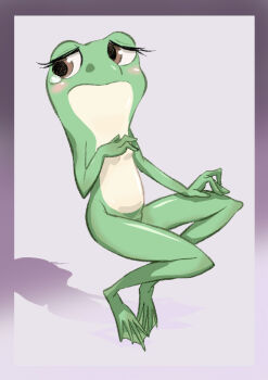 1girl animal animalization blush brown_eyes different_shadow disney frog grey_background hand_on_own_chest hand_on_own_thigh k-nattoh looking_to_the_side sad shadow sitting tears the_princess_and_the_frog_(disney) tiana_(the_princess_and_the_frog)