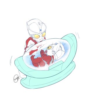 Rule 34 | 2boys, aged down, alien, blue gem, blush, brothers, colored skin, commentary request, cradle, diaper, forehead jewel, gem, horns, inagi ayane, male focus, motion lines, multicolored skin, multiple boys, pacifier, red skin, siblings, signature, simple background, sleeping, step-siblings, tokusatsu, ultra series, ultraman ace, ultraman ace (series), ultraman tarou, ultraman tarou (series), white background, white skin, yellow eyes