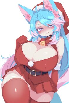 1girl :3 ahoge animal_ears bell belt black_belt blue_eyes blue_hair blush bow breasts choker christmas cleavage cleavage_cutout clothing_cutout dress flower fur-trimmed_gloves fur-trimmed_headwear fur_trim gloves hair_flower hair_ornament hat heart heart_choker indie_virtual_youtuber kukuchi581 large_breasts long_hair looking_at_viewer multicolored_hair pink_flower pink_hair pom_pom_(clothes) red_bow red_dress red_gloves red_hat red_thighhighs santa_costume santa_dress santa_hat silvervale sleeveless sleeveless_dress smile standing streaked_hair tail thick_thighs thighhighs thighs tongue tongue_out virtual_youtuber white_background wide_hips wolf_ears wolf_girl wolf_tail
