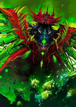 armor aura biomechanical christmas city cityscape destruction disintegration extra_faces getter_robo getter_robo_arc getter_saint_dragon glowing glowing_eyes green_light green_sky highres mecha mecha_focus multiple_faces no_humans red_armor robot ruins science_fiction sharp_teeth shin_getter_robo sky super_robot teeth yamanushi yellow_eyes