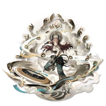 1girl aqua_pants arknights black_horns black_shirt breasts brown_hair cleavage cropped_jacket cropped_shirt five-fall floating_hair freckles full_body halo halo_behind_head highres horns jacket jieyun_(arknights) midriff official_art pants parted_bangs serious shirt simple_background solo standing standing_on_one_leg strapless third-party_source transparent_background v-shaped_eyebrows white_jacket yellow_eyes