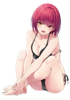 Rule 34 | 1girl, :d, anno masato, bare shoulders, barefoot, bikini, black bikini, blush, breasts, cameltoe, cleavage, collarbone, crossed ankles, fang, feet, heterochromia, highres, hololive, houshou marine, large breasts, looking at viewer, open mouth, red eyes, red hair, short hair, simple background, sitting, skindentation, smile, swimsuit, virtual youtuber, white background, yellow eyes